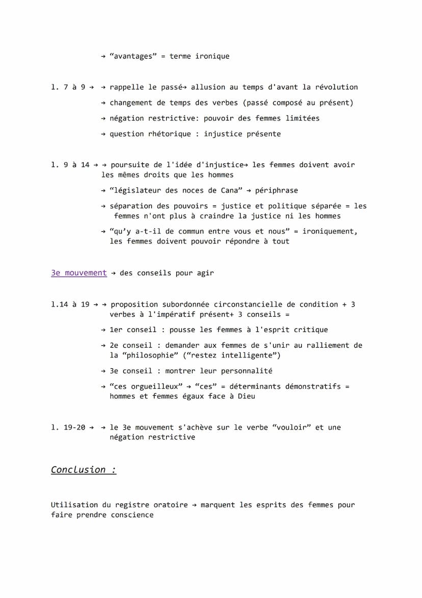 Explication Linéaire texte n° 5
Extrait du postambule de la DDFC
Introduction :
Ce premier texte juridique en faveur des femmes contient un 
