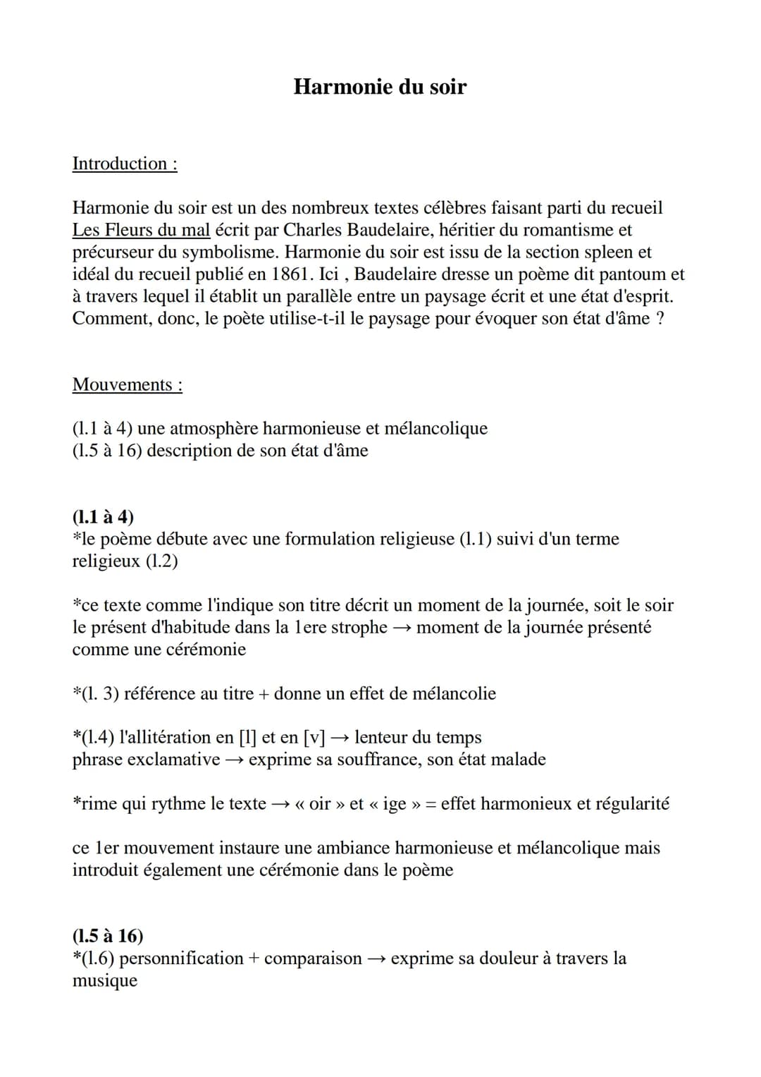 Introduction :
Harmonie du soir
Harmonie du soir est un des nombreux textes célèbres faisant parti du recueil
Les Fleurs du mal écrit par Ch
