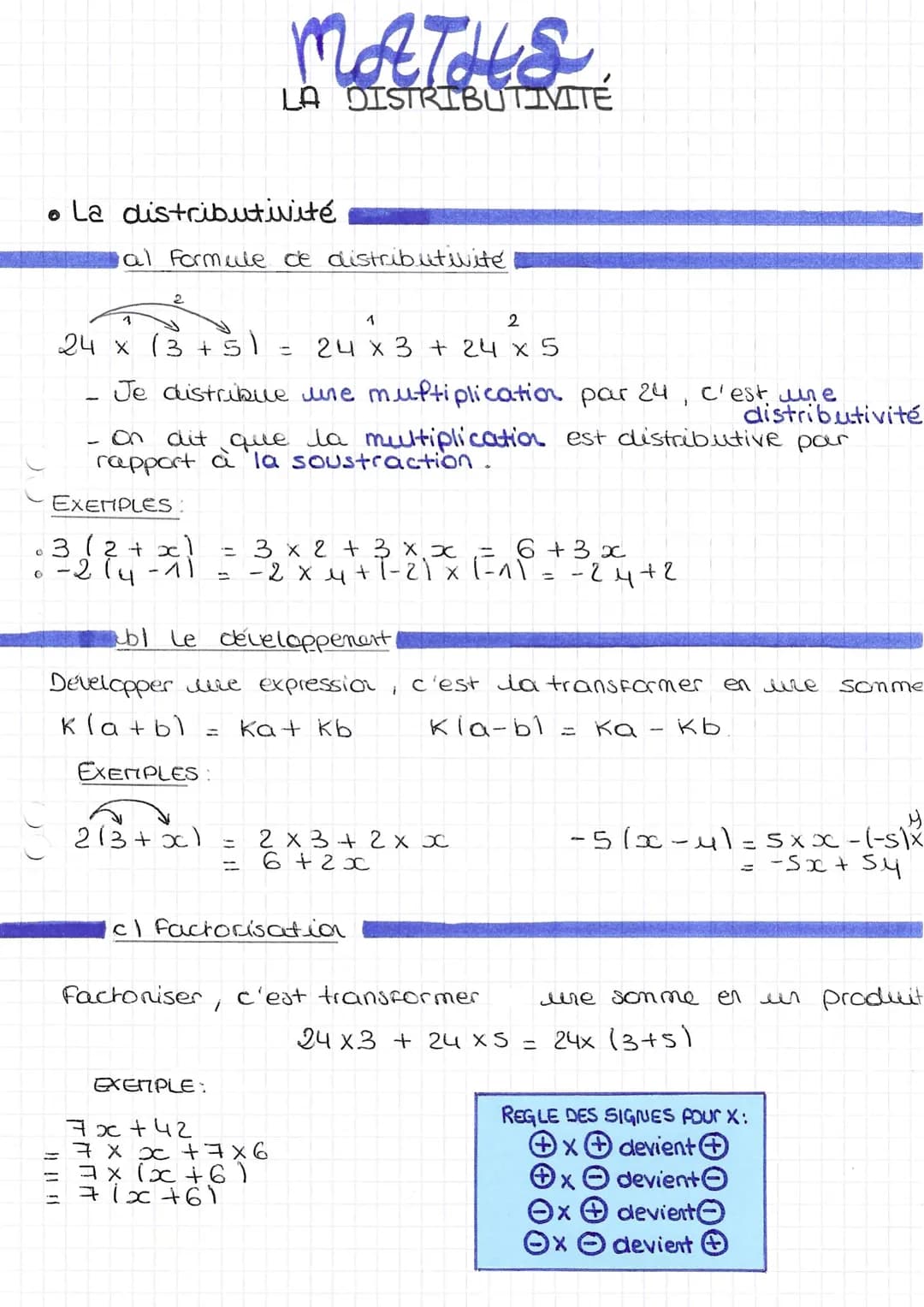 0
0
• La distributivité
-
al formule de distributivité
2
|| | [[
24 x 3 + 51
Je distribue une muftiplication par 24, c'est une
distributivit