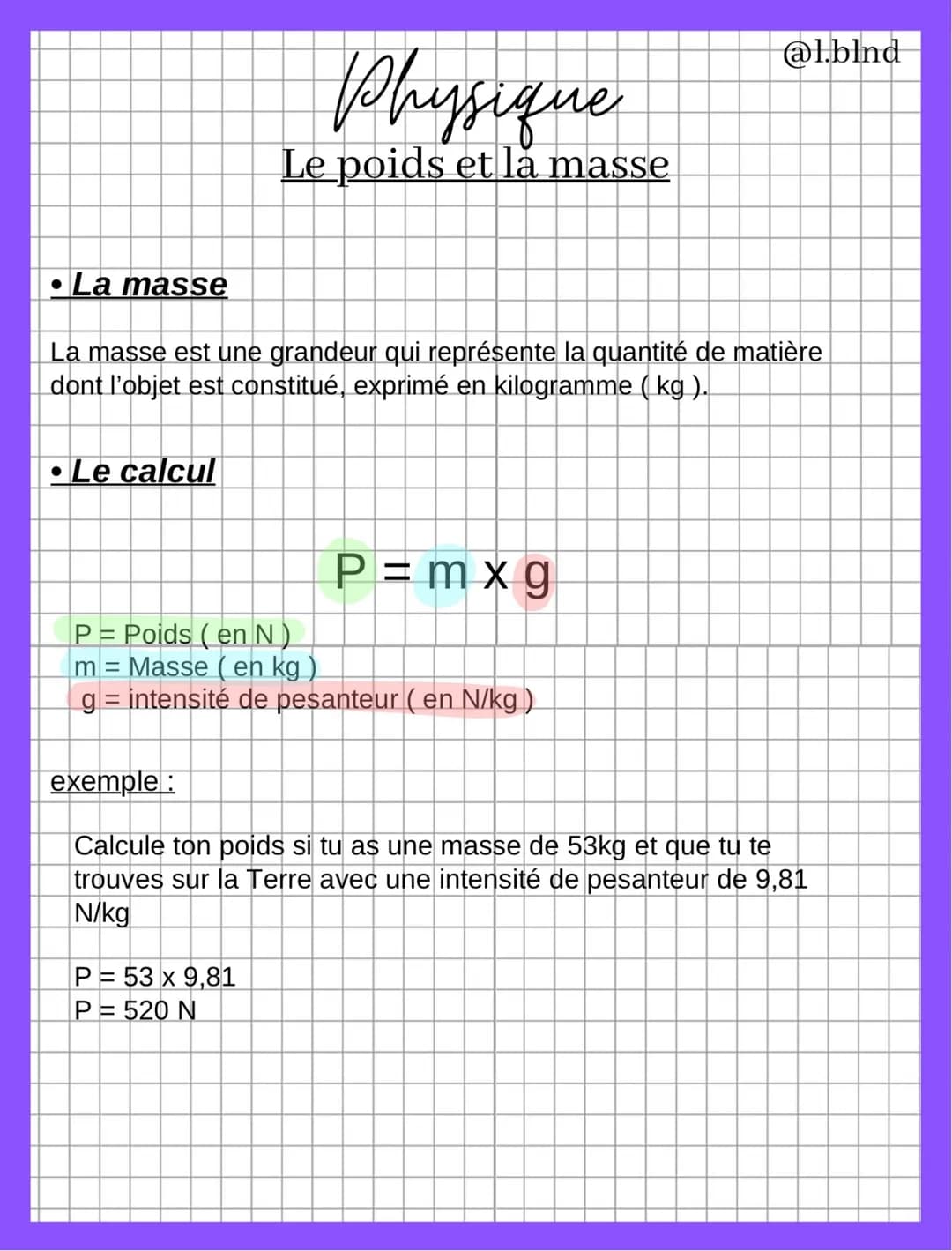 Physique
Le poids et la masse
Le poids
Le poids est la force d'attraction exercée par un astre sur un objet.
Il a 4 caractéristiques :
-Sa d