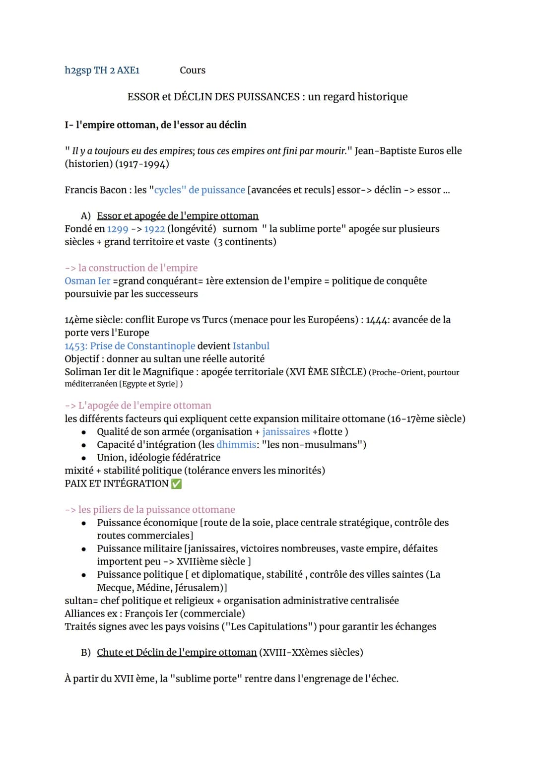 h2gsp TH 2 AXE1
Cours
ESSOR et DÉCLIN DES PUISSANCES : un regard historique
I- l'empire ottoman, de l'essor au déclin
11
Il y a toujours eu 