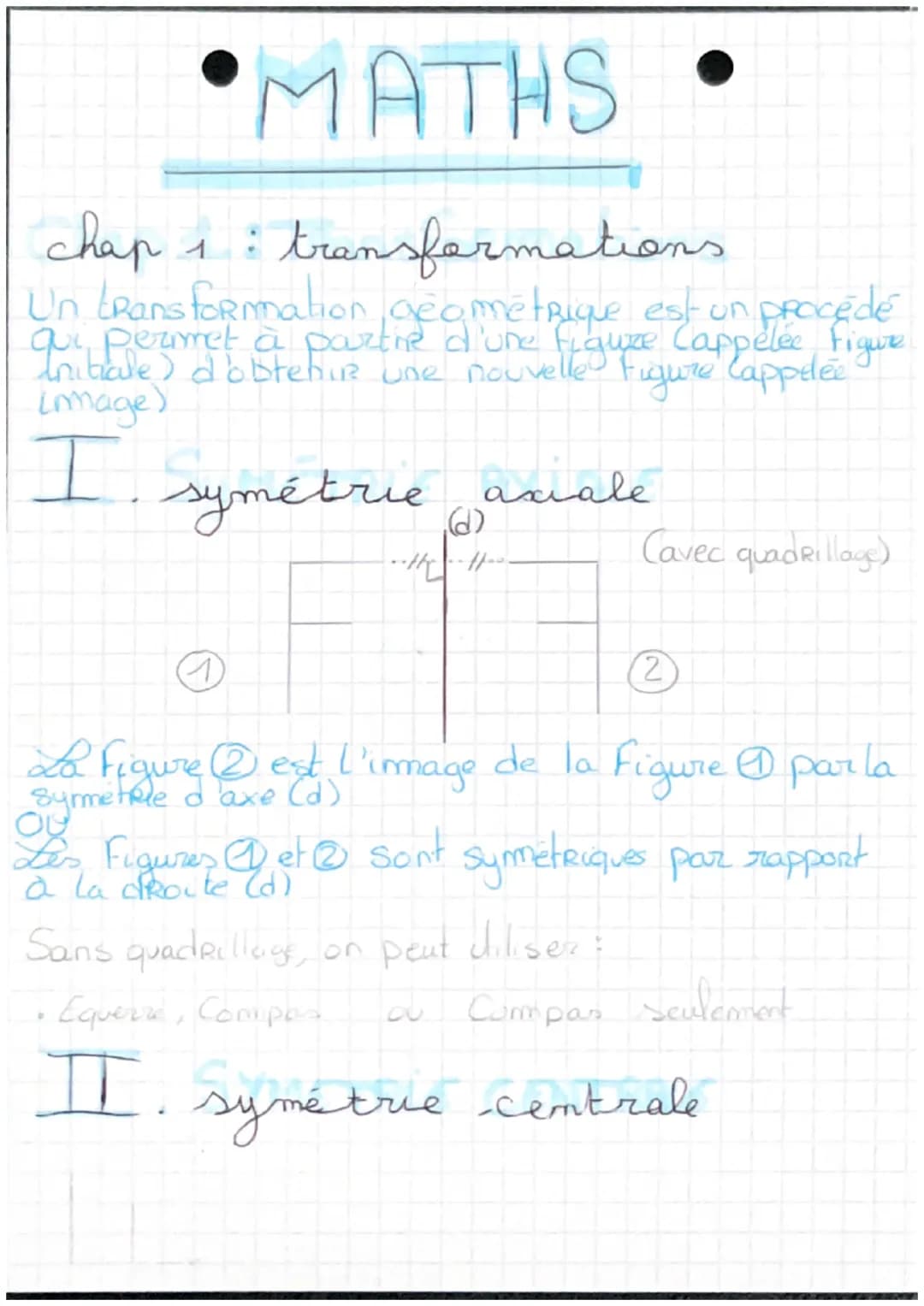 MATHS
chap 1: transformations
Un transformation géométrique est un procédé
qui permet à partie d'une figuze Cappelée Figure
Initiale) d'obte