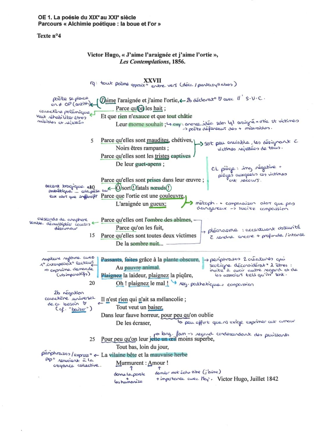 Commentaire Composé: J’aime l’araignée et j’aime l’ortie de Victor Hugo - Texte PDF et Analyse Linéaire