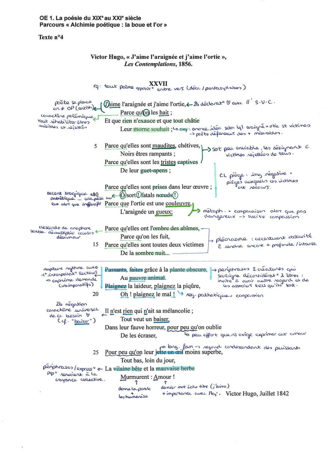 OE 1. La poésie du XIX au XXIe siècle
Parcours << Alchimie poétique : la boue et l'or >>
Texte n°4
Victor Hugo, << J'aime l'araignée et j'ai