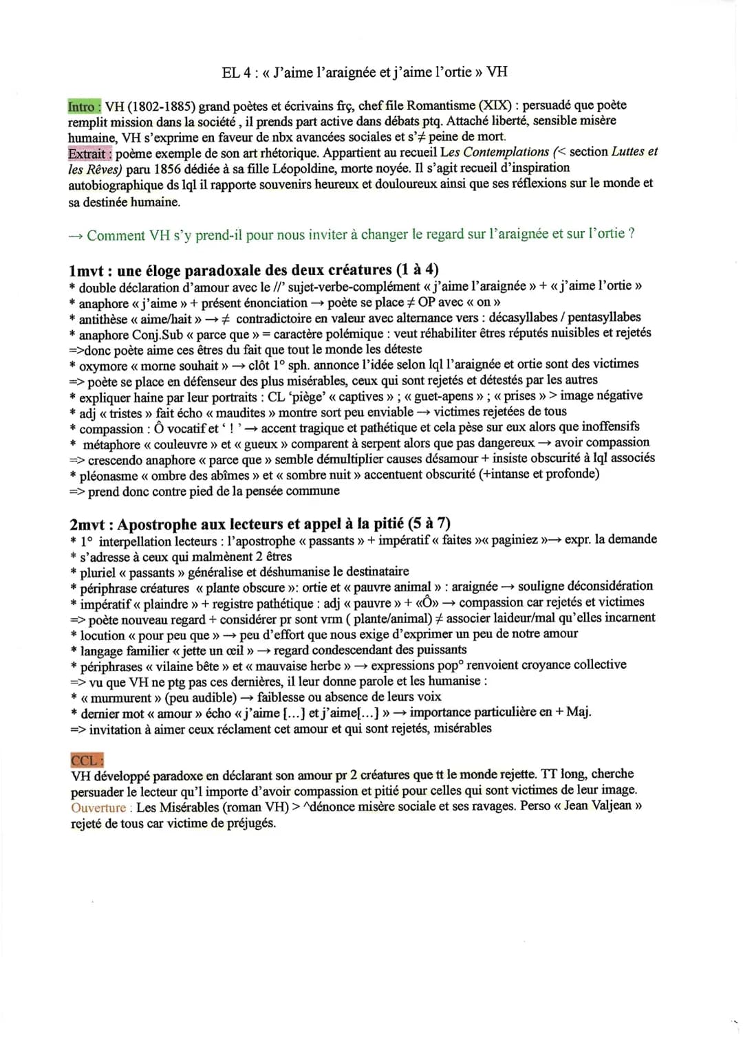 OE 1. La poésie du XIX au XXIe siècle
Parcours << Alchimie poétique : la boue et l'or >>
Texte n°4
Victor Hugo, << J'aime l'araignée et j'ai