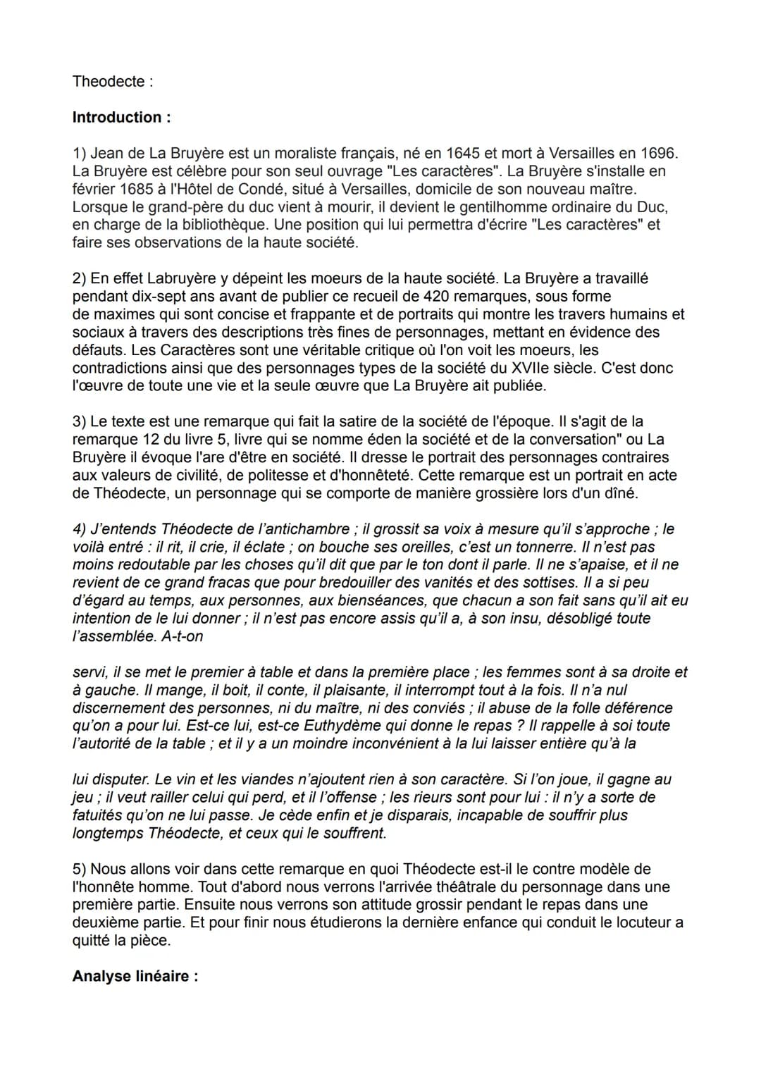 Theodecte:
Introduction :
1) Jean de La Bruyère est un moraliste français, né en 1645 et mort à Versailles en 1696.
La Bruyère est célèbre p