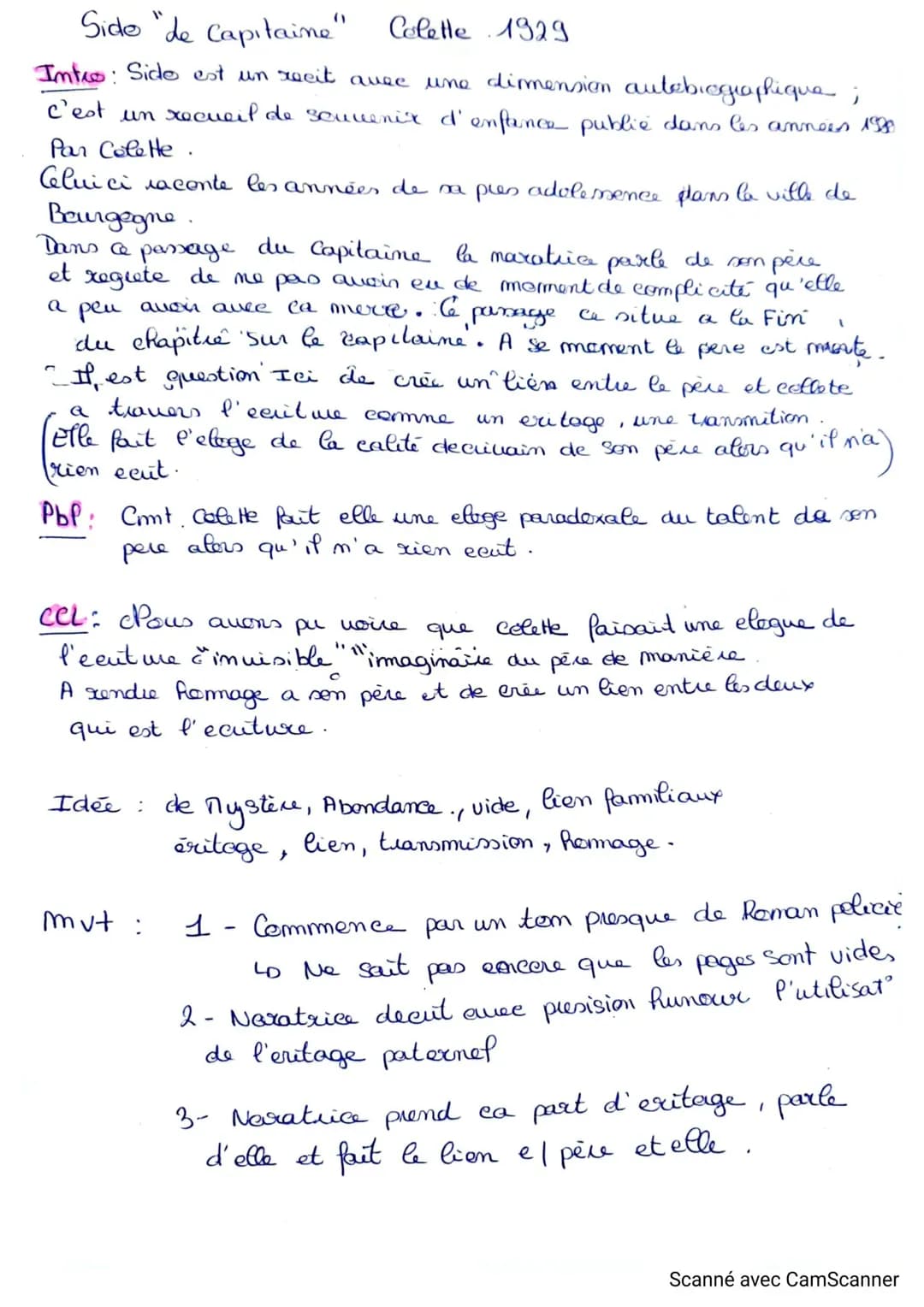 passage du capitaine, sido, colette analyse lineaire 