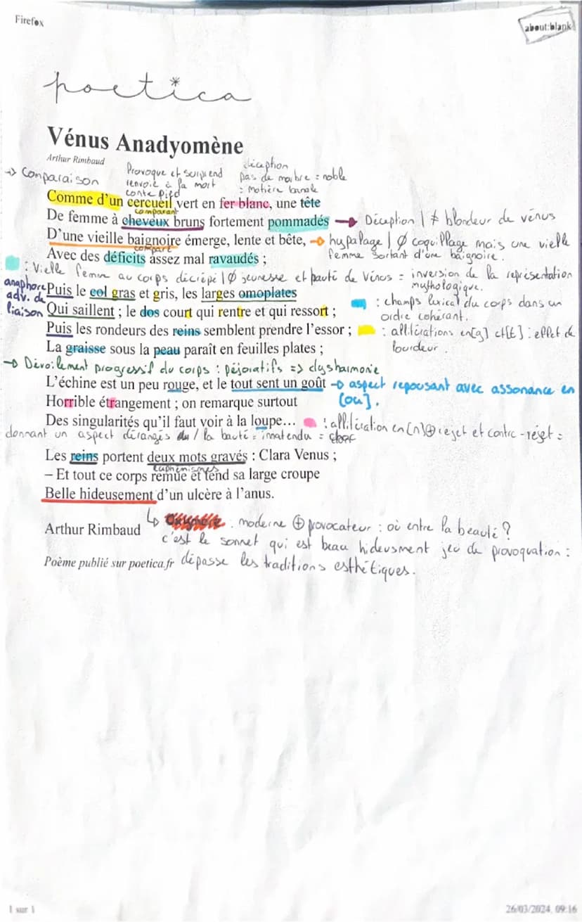C
C
TEXTE 2: Venus Anadyomène,
Arthur Rimbaud
Née : 20 octobre 1854
Vénus Anadyomine
La vénus de Rimbaud i
Symbolise le choc entre
Arthur Ri