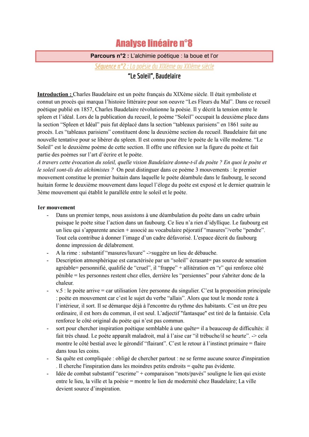 Analyse linéaire n°8
Parcours n°2 : L'alchimie poétique : la boue et l'or
Séquence n°2: La poésie du XIXème au XXIème siècle
"Le Soleil", Ba