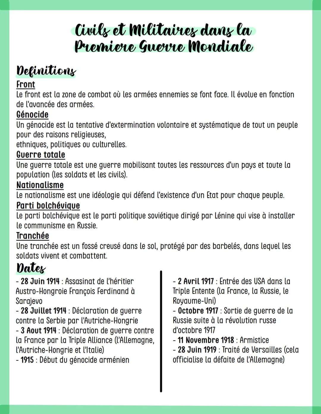 Civils et militaires dans la
Premiere Guerre mondiale
Definitions
Front
Le front est la zone de combat où les armées ennemies se font face. 