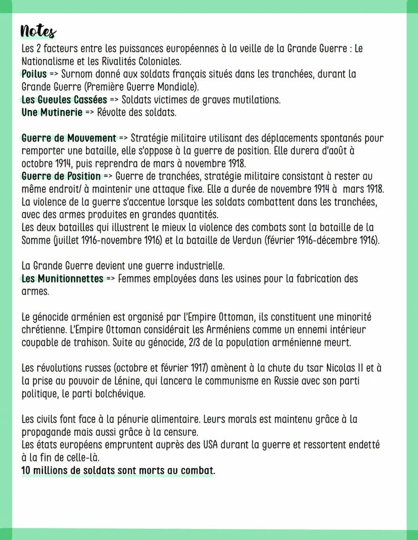 Civils et militaires dans la
Premiere Guerre mondiale
Definitions
Front
Le front est la zone de combat où les armées ennemies se font face. 
