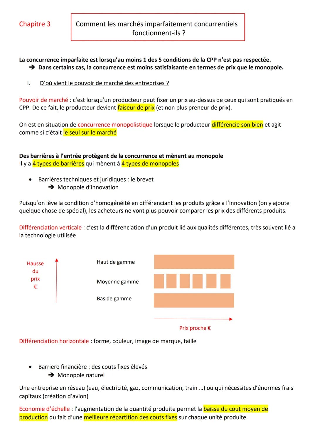Chapitre 3
La concurrence imparfaite est lorsqu'au moins 1 des 5 conditions de la CPP n'est pas respectée.
→ Dans certains cas, la concurren