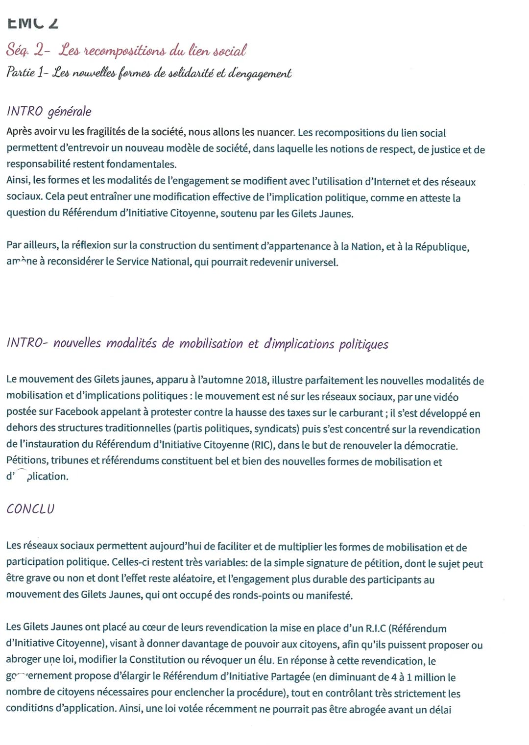EMC 2
Séq. 2- Les recompositions du lien social
Partie 1- Les nouvelles formes de solidarité et d'engagement
INTRO générale
Après avoir vu l