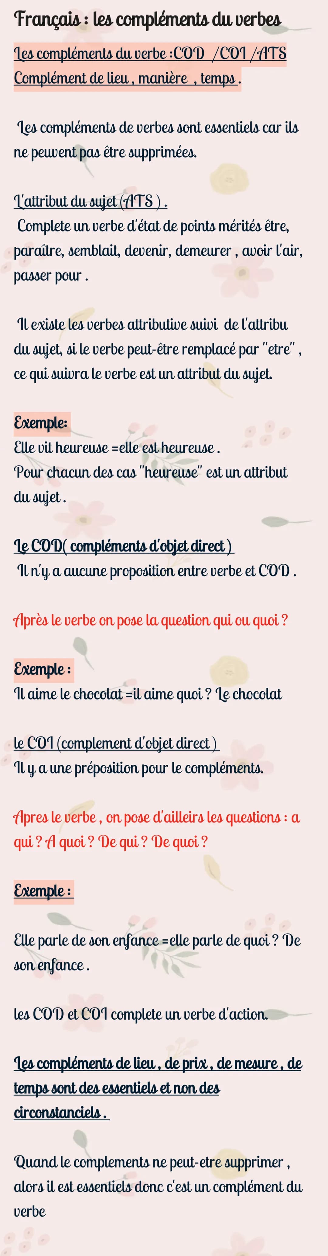 Français : les compléments du verbes
Les compléments du verbe :COD /CO1 /ATS
Complément de lieu, manière, temps .
Les compléments de verbes 