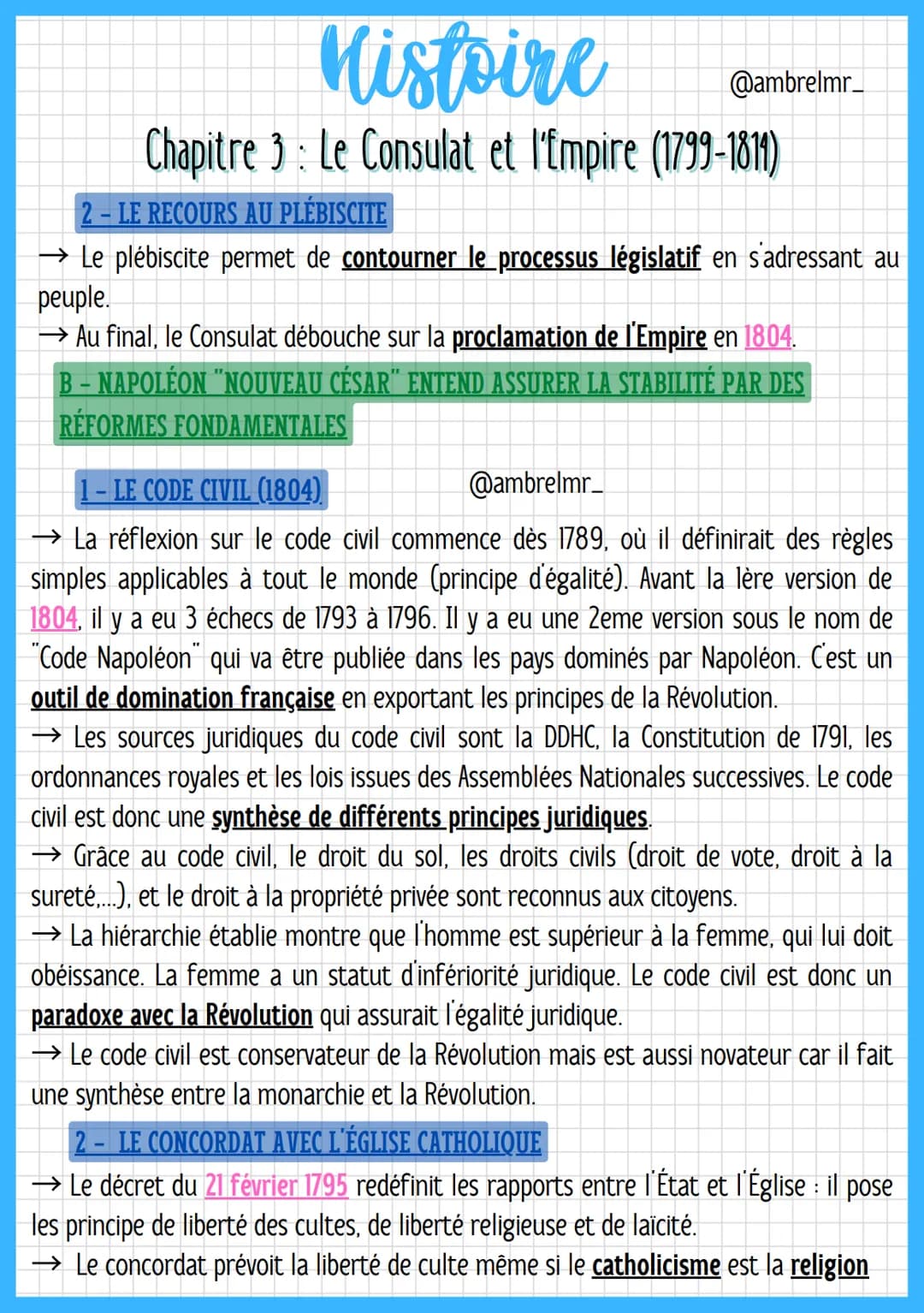 Histoire
Chapitre 3 : Le Consulat et l'Empire (1799-1814)
I-LE CONSULAT ET L'EMPIRE OU COMMENT GÉRER L'HÉRITAGE RÉVOLUTIONNAIRE
A - BONAPART