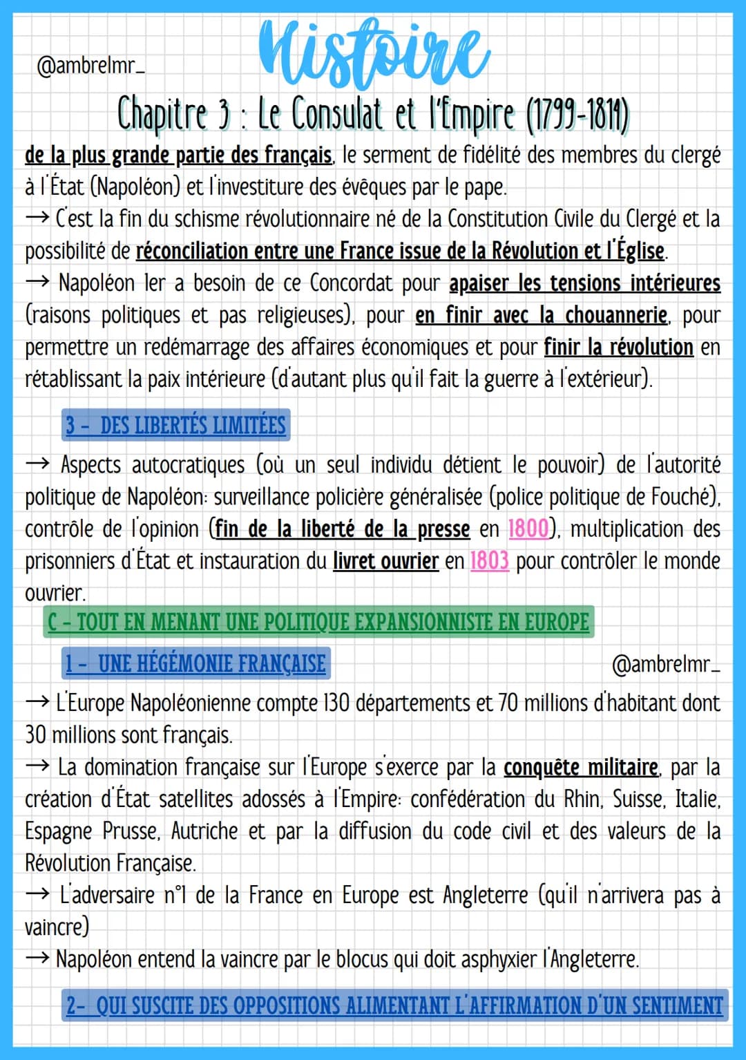 Histoire
Chapitre 3 : Le Consulat et l'Empire (1799-1814)
I-LE CONSULAT ET L'EMPIRE OU COMMENT GÉRER L'HÉRITAGE RÉVOLUTIONNAIRE
A - BONAPART