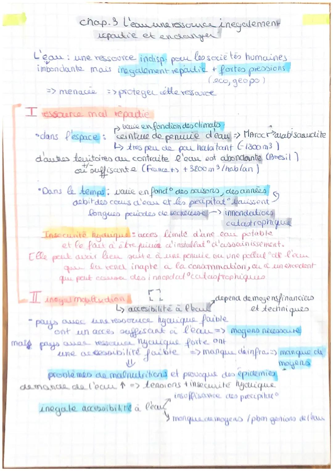 # chap. 3 L'eau une ressource inegalement
repartie et endanger

L'eau: une ressource indisp. pour les socie tës humaines
imbonciante mais in