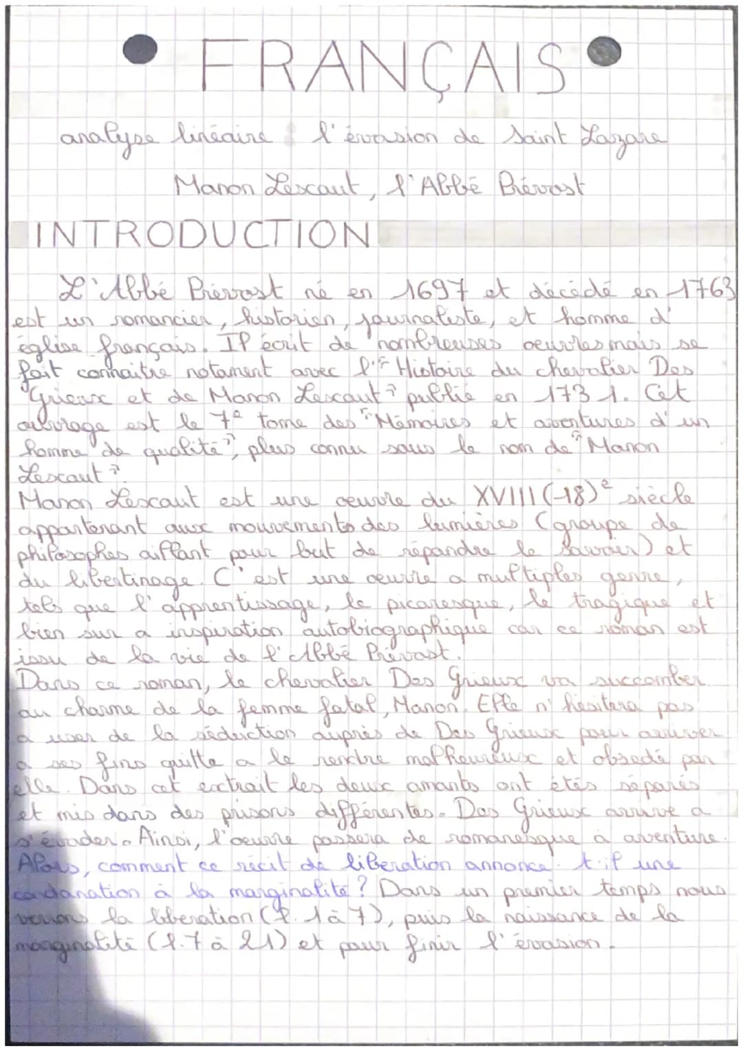 • FRANÇAIS
analyse linéaire l'évasion de Saint Lazare
Manon Lescaut, l'Abbé Prévost
INTRODUCTION
ď
L'Abbé Prévost né en 1697 et décédé en 17