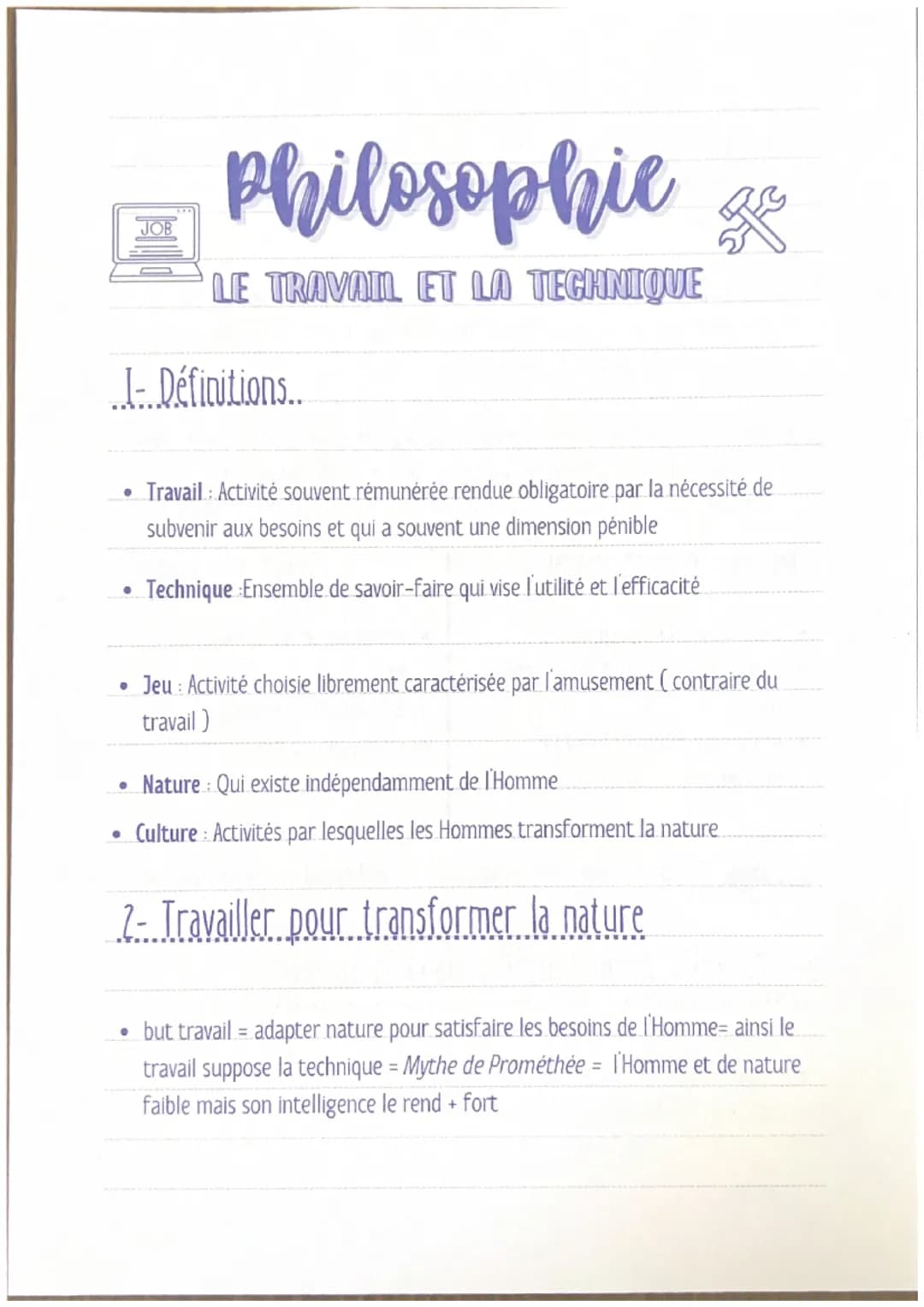I- Définitions..
●
●
Philosophie
LE TRAVAIL ET LA TECHNIQUE
• Jeu : Activité choisie librement caractérisée par l'amusement (contraire du
tr