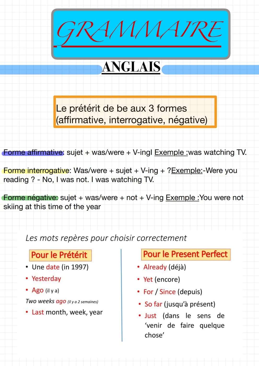 Forme affirmative: sujet + was/were + V-ingl Exemple :was watching TV.
Forme interrogative: Was/were + sujet + V-ing + ?Exemple:-Were you
re