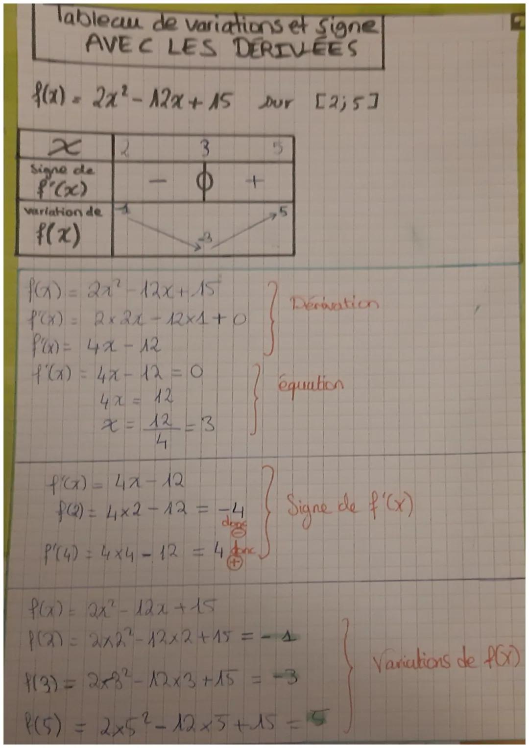 # lableau de variations et signe
AVEC LES DÉRIVEES

f(x) = 2x²-2x+15 Dur [2;5]

| x | 2 | 3 | 5 |
| --- | --- | --- | --- |
| Signe de | - |
