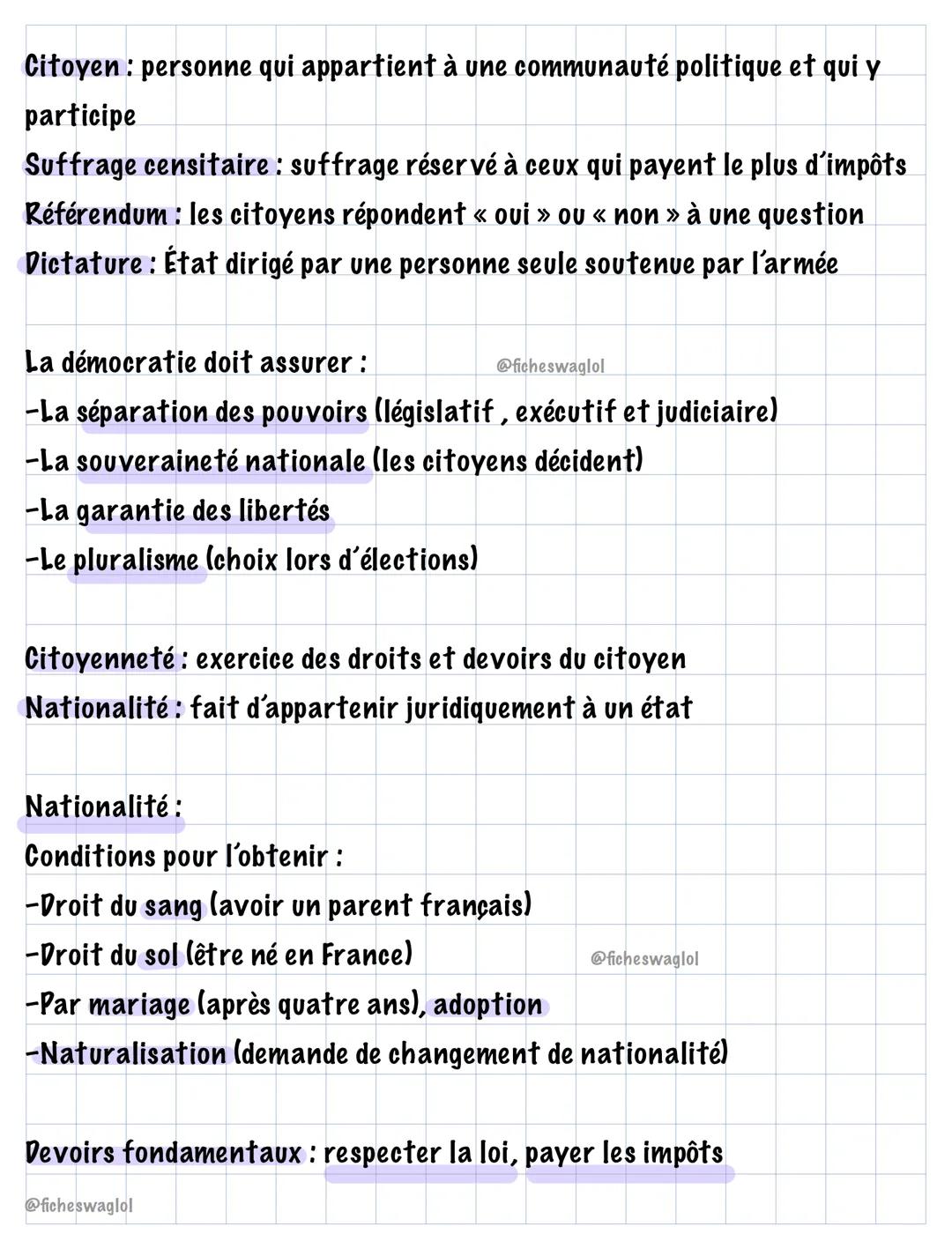 Citoyen: personne qui appartient à une communauté politique et qui y
participe
Suffrage censitaire : suffrage réservé à ceux qui payent le p
