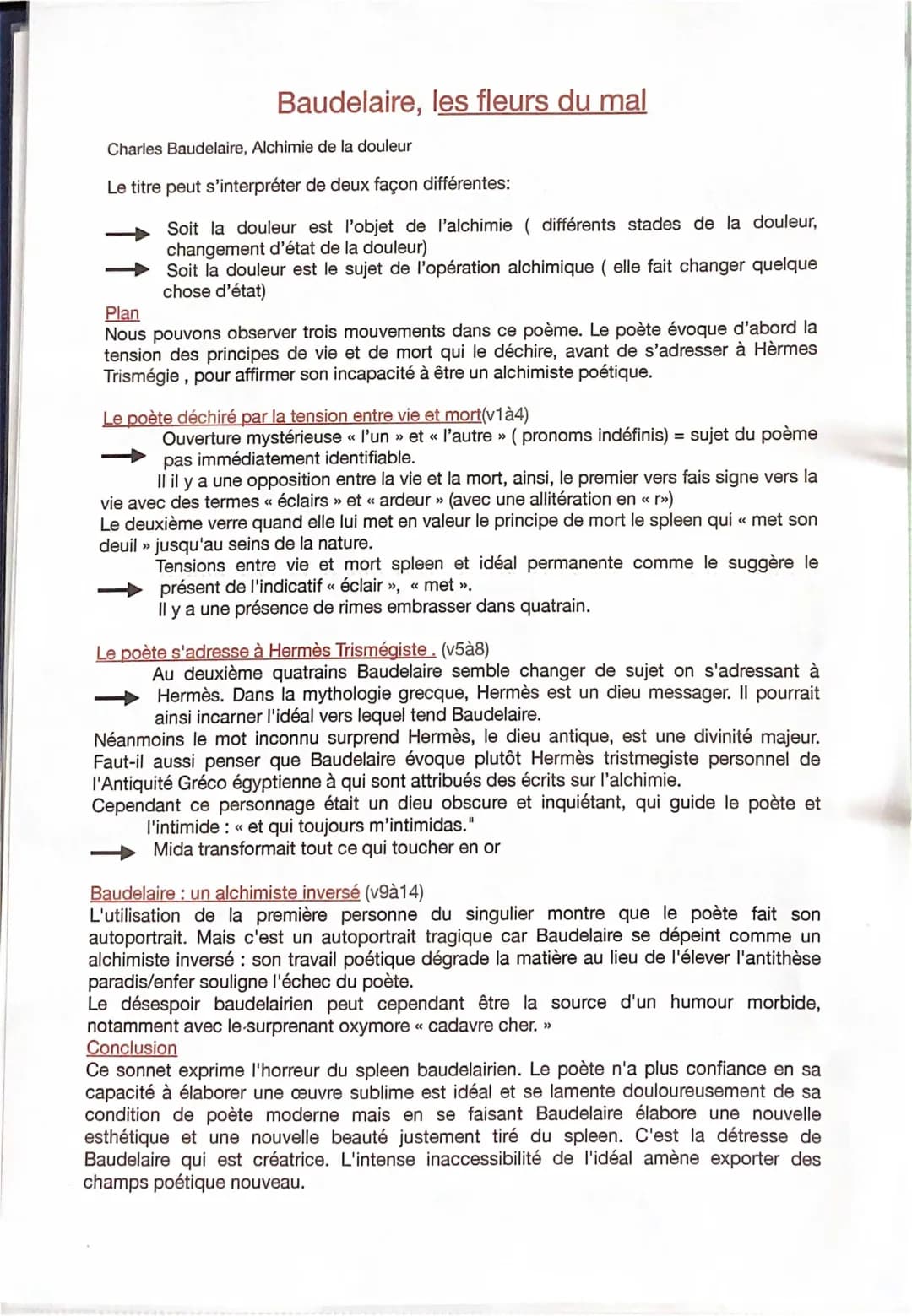 Alchimie de la Douleur Baudelaire - Fiche de Révision PDF + Analyse