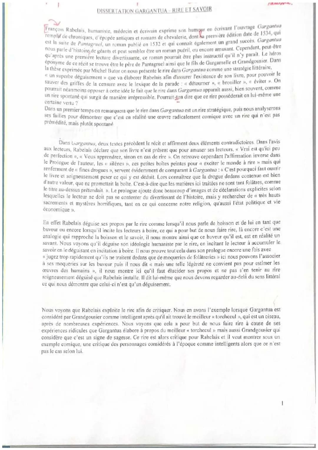 Dissertation Gargantua Rire et Savoir PDF - Exemple de Sujet Corrigé