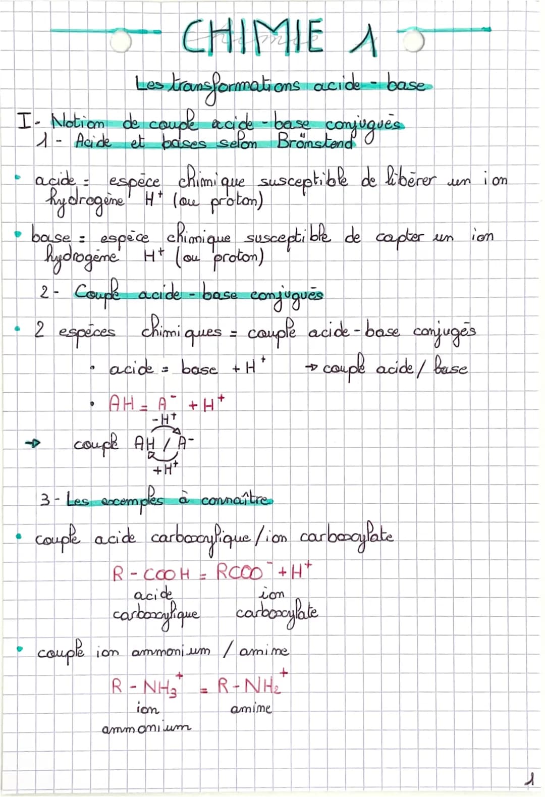 CHIMIE AS
Les transformations acide - base
I- Notion de couple acide-base conjugues
1- Acide et bases selom Bromstend
-
acide espèce chimiqu