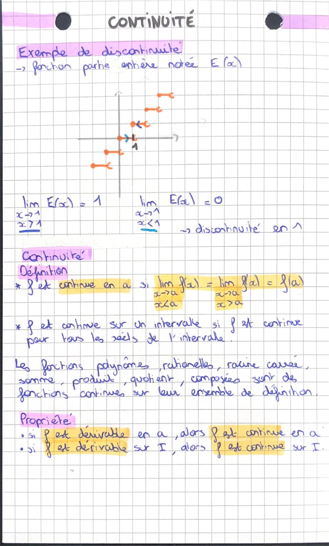CONTINUITÉ

Exemple de discontinuite
-> fonction partie entière notée E(a)

lim E(x) = 1
x->1
x>1

lim E(x)=0
x->1
x<1
-> discontinuité en 1