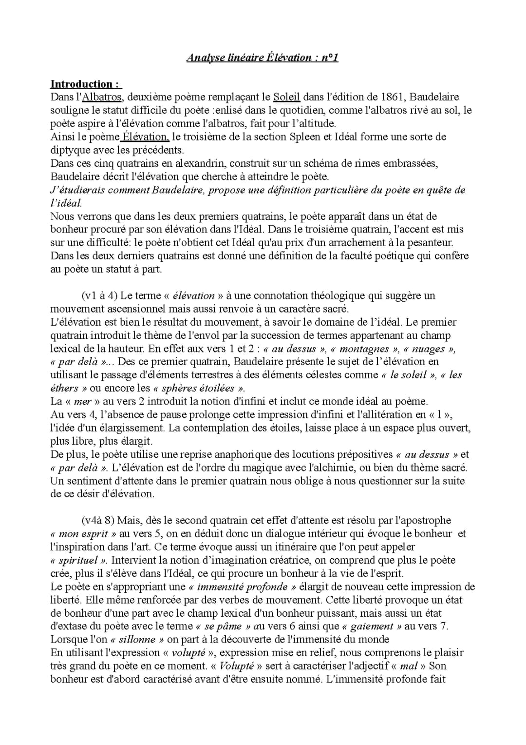 Élévation Baudelaire Analyse Linéaire PDF - Poème, Texte et Résumé
