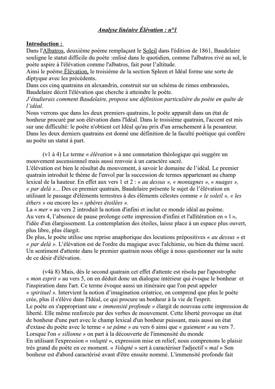 Analyse linéaire Élévation: nº1
Introduction :
Dans l'Albatros, deuxième poème remplaçant le Soleil dans l'édition de 1861, Baudelaire
souli