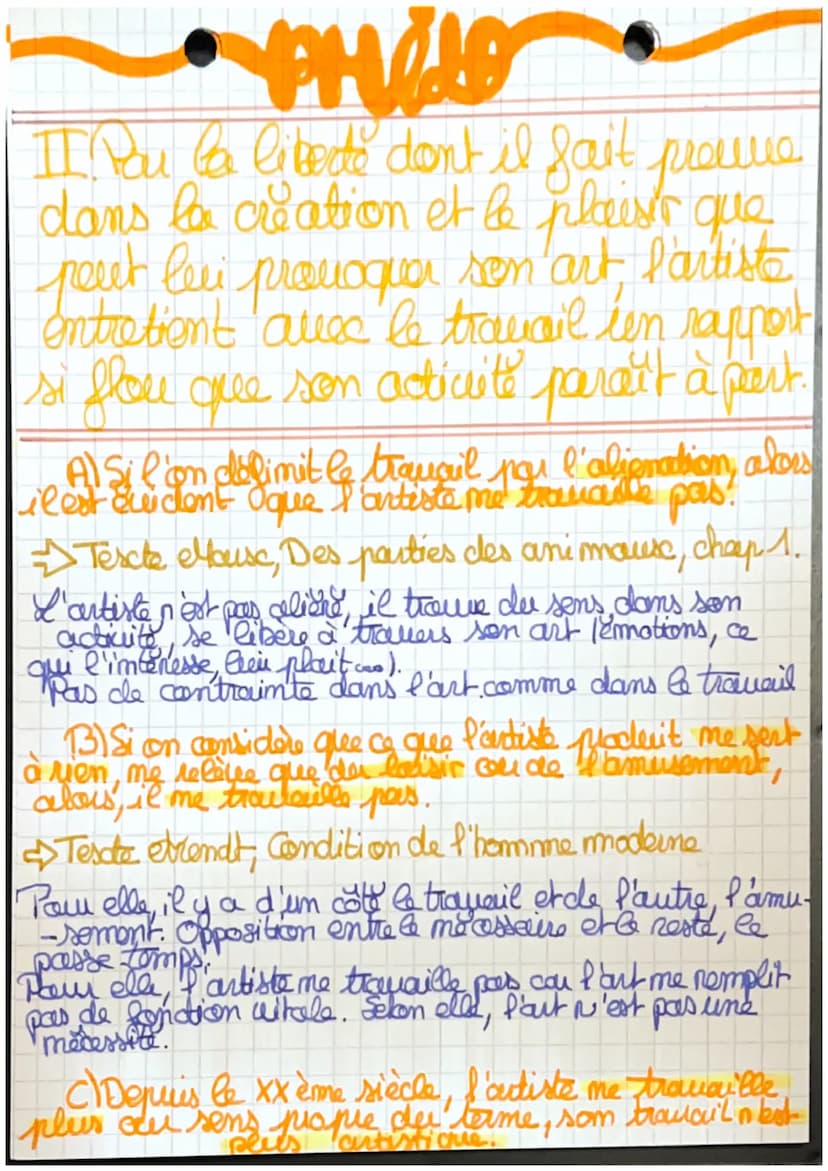 Philo
CHAPITRE 3: L'art et le Tra-
-vail
L'artista travaille-t-il?
L'artiste me travaille
pas =
-5. Il me fait pas d'efforts.
→ Il fait ce q