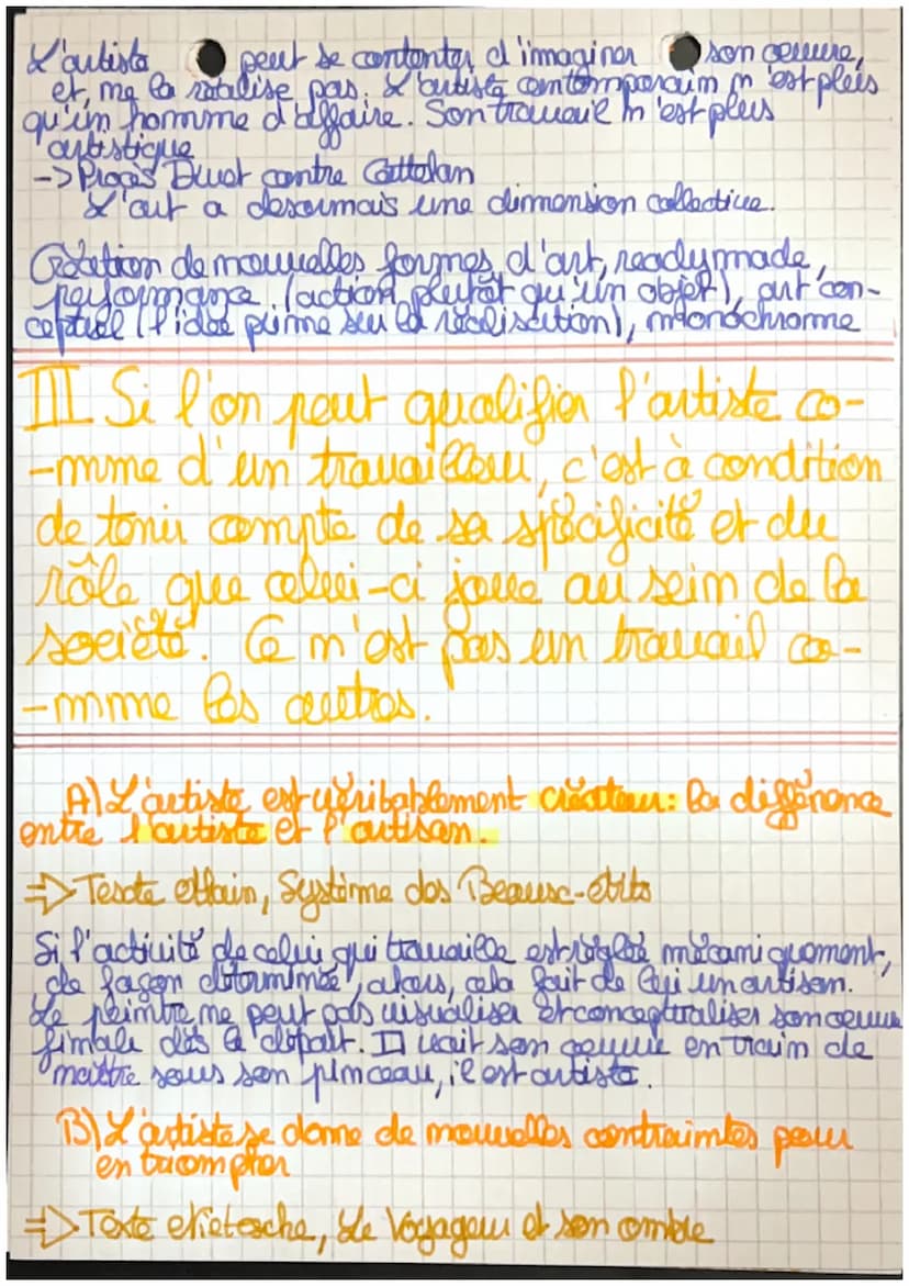 Philo
CHAPITRE 3: L'art et le Tra-
-vail
L'artista travaille-t-il?
L'artiste me travaille
pas =
-5. Il me fait pas d'efforts.
→ Il fait ce q