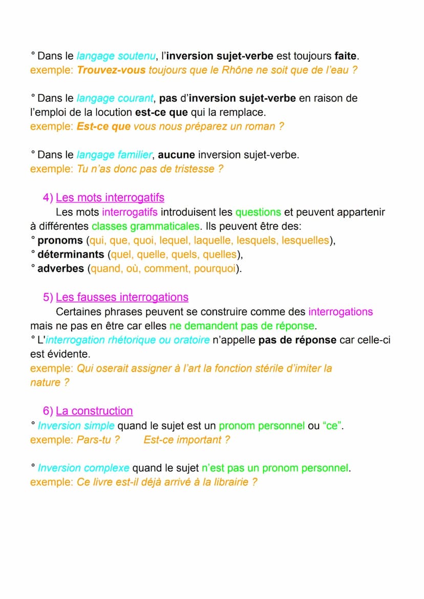 L'INTERROGATION
L'interrogation correspond à une demande d'informations le plus
souvent formulée sous la forme d'une question.
1) Les interr
