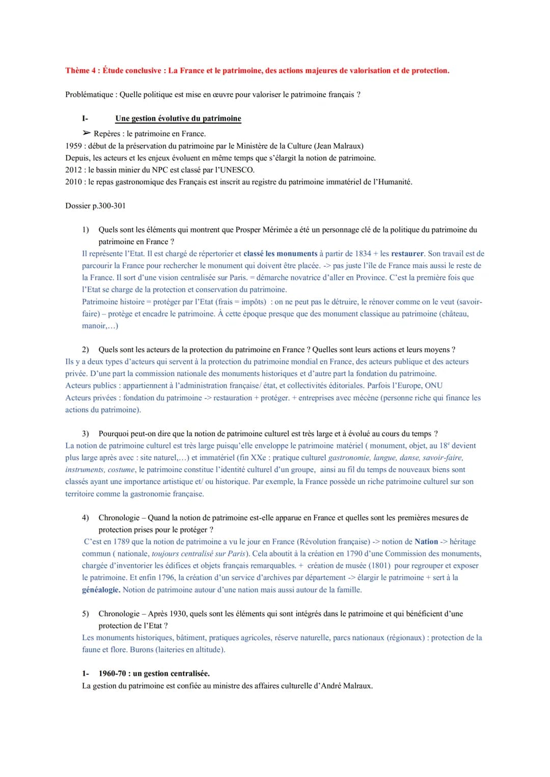 Thème 4: Étude conclusive: La France et le patrimoine, des actions majeures de valorisation et de protection.
Problématique : Quelle politiq