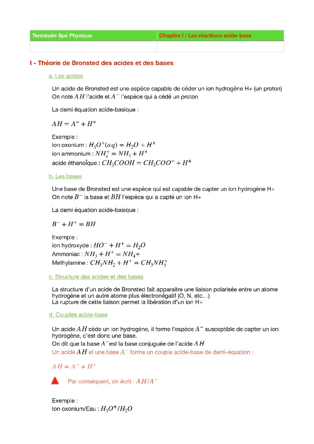 Cours - Acide/Base de Bronsted