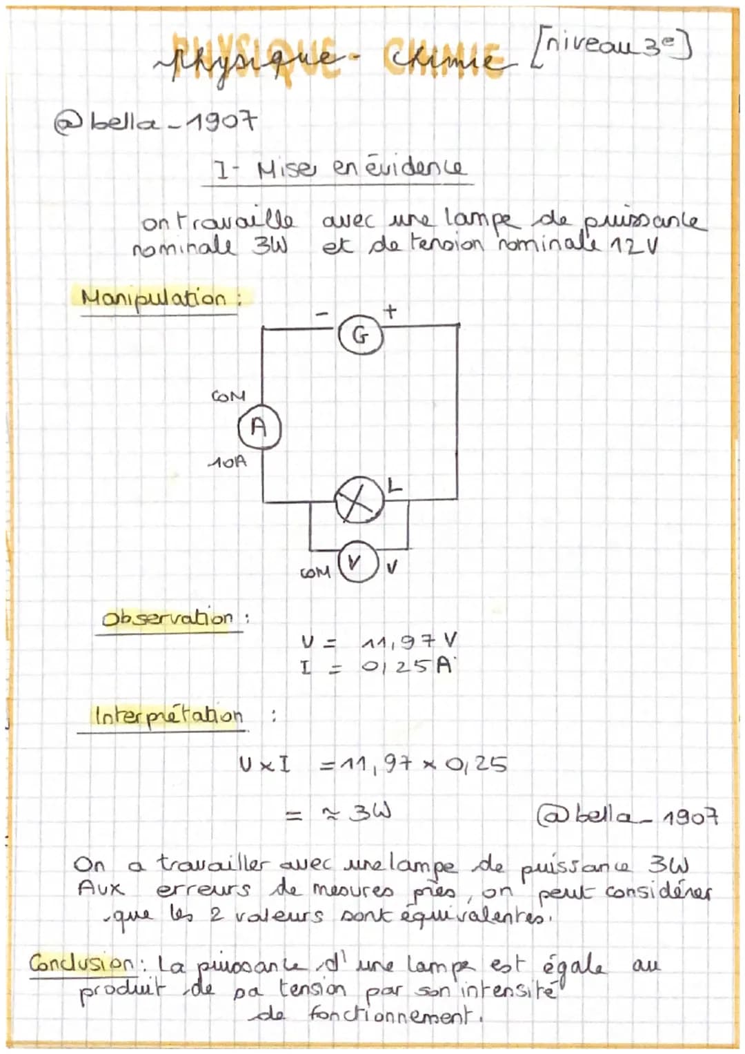 Physique chimie [niveau 30]
bella-1907
1- Mise en evidence
on travaille avec une lampe de puissance
nominale 3W et de tension nominale 12V
M