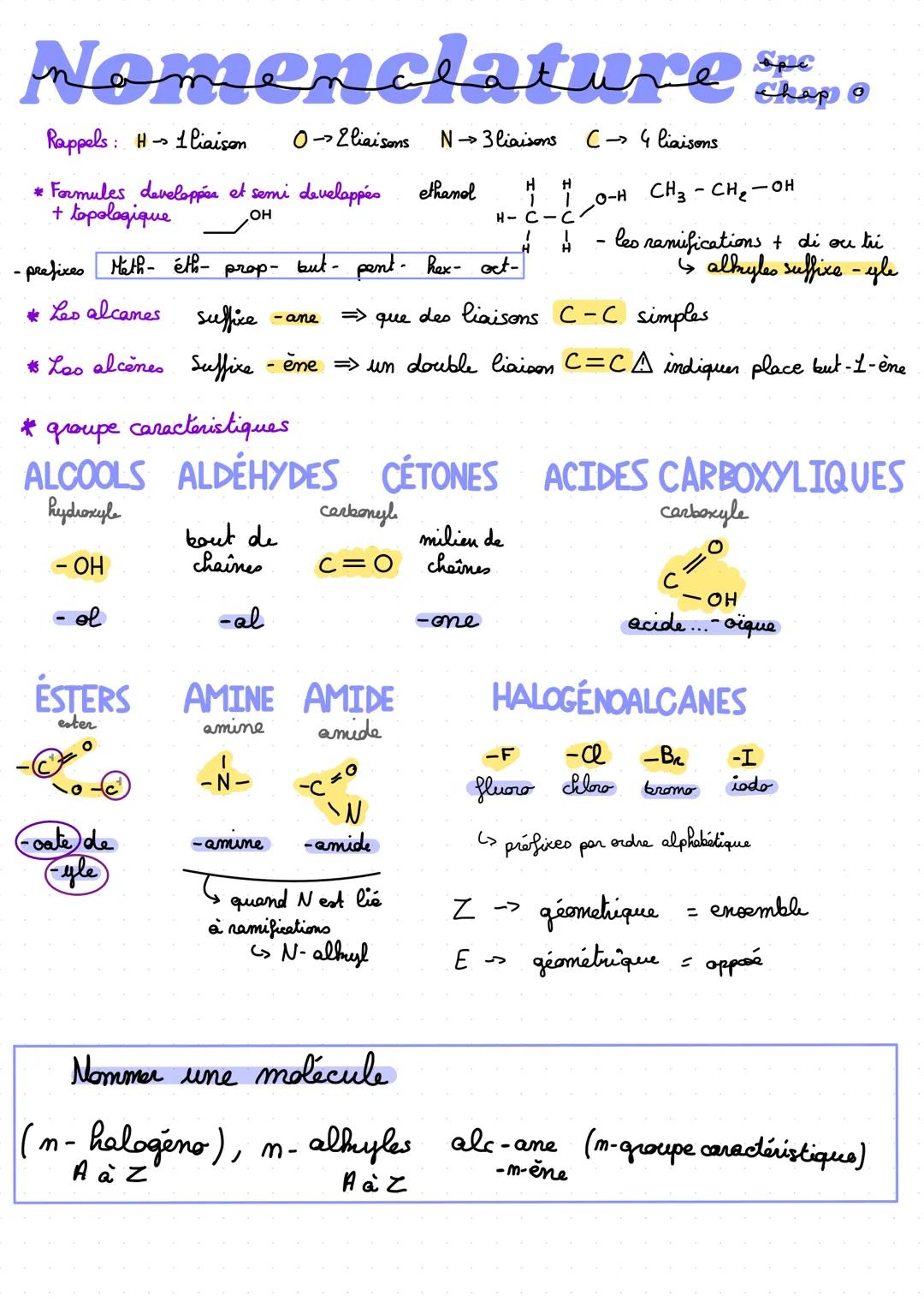 Nomenclature p

Rappels: H → 1 liaison 0 → 2 liaisons N → 3 liaisons C→ 4 liaisons

* Formules developper et semi developpés
+ topologique
e