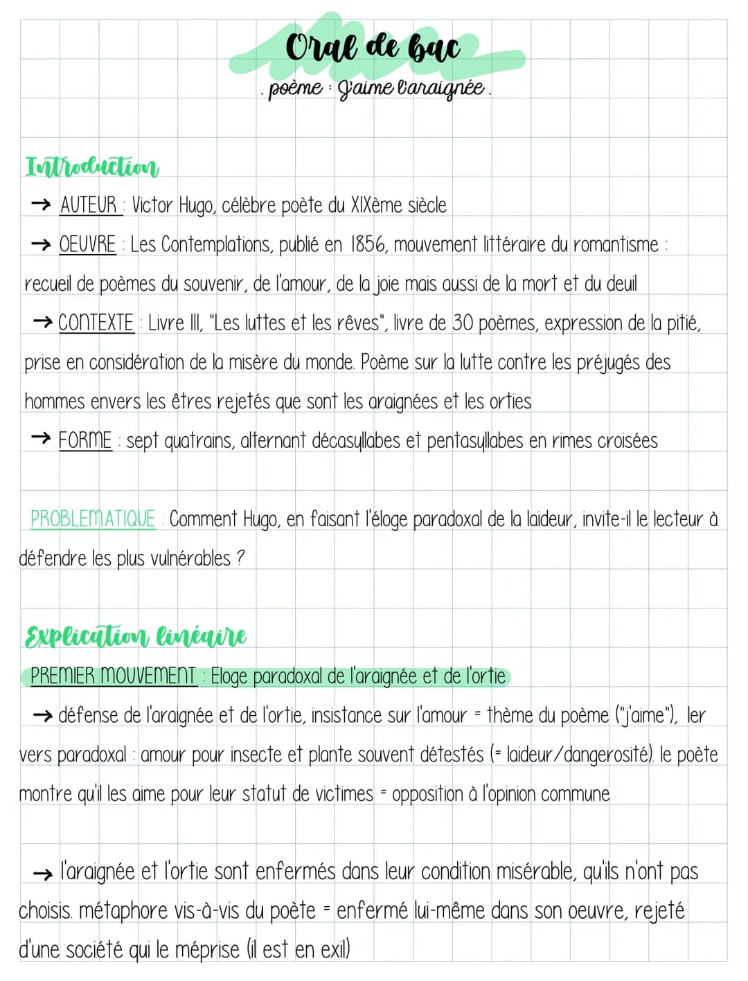 Oral de bac
· poème J'aime l'araignée.
Introduction
→ AUTEUR : Victor Hugo, célèbre poète du XIXème siècle
→ OEUVRE Les Contemplations, publ