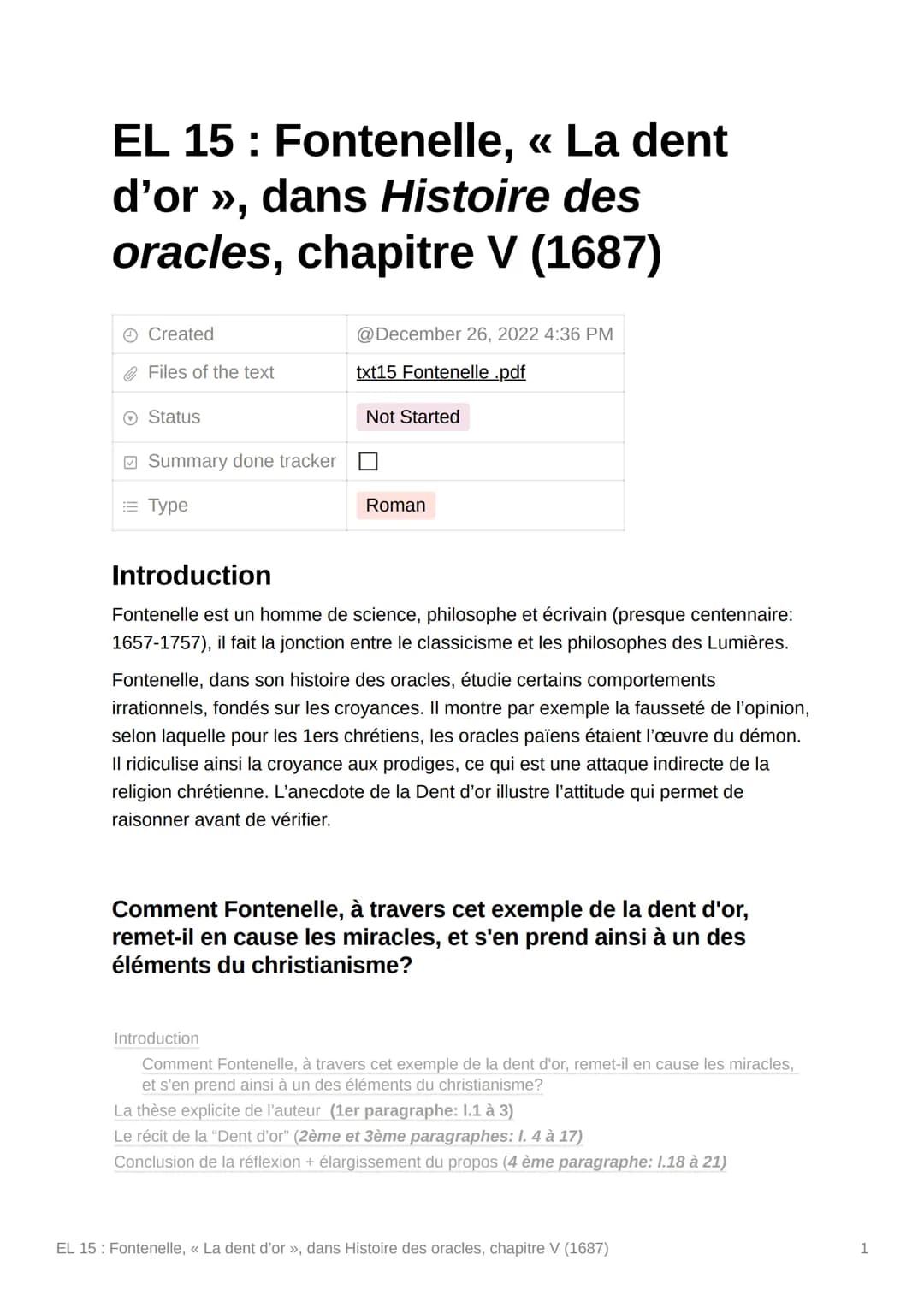 EL 15: Fontenelle, « La dent
d'or », dans Histoire des
oracles, chapitre V (1687)
Created
Files of the text
O Status
Summary done tracker
= 