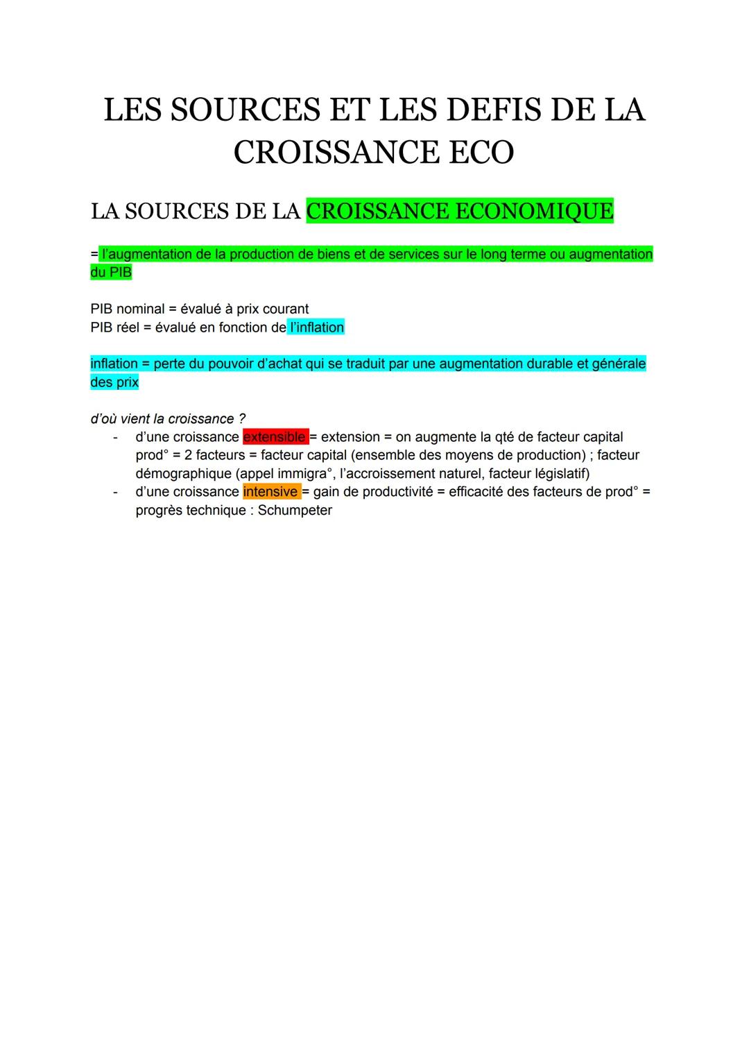 LES SOURCES ET LES DEFIS DE LA
CROISSANCE ECO
LA SOURCES DE LA CROISSANCE ECONOMIQUE
= l'augmentation de la production de biens et de servic