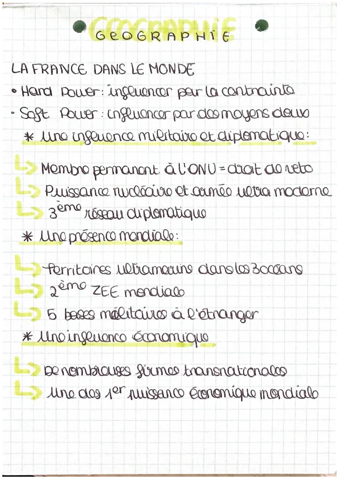 GEOGRAPHIE
RAPHIE
LA FRANCE DANS LE MONDE
• Hard Power: influencer par la contrainte
• Soft Power: Influencer par des moyens dow
* une influ