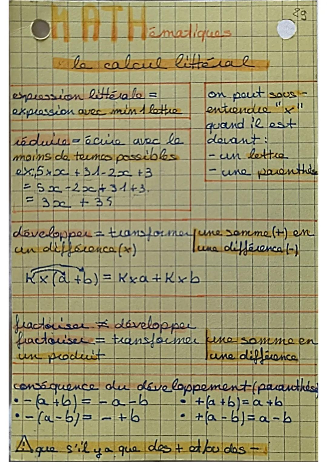 49
# MATH thématiques

## le calcul littéral

expression littérale =
expression avec min 1 lettre

on pout sous-
entendee "x"
quand il est
r