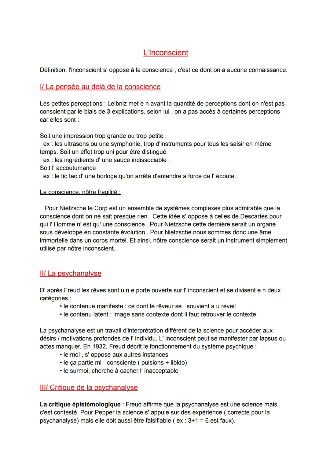 L'Inconscient
Définition: l'inconscient s' oppose à la conscience, c'est ce dont on a aucune connaissance.
I/ La pensée au delà de la consci