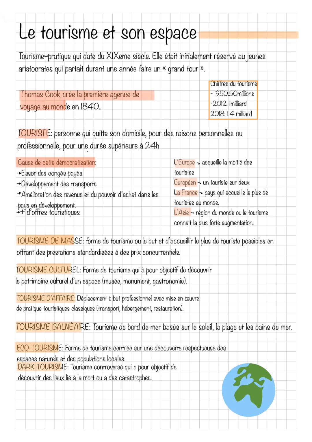 Le tourisme et son espace
Tourisme=pratique qui date du XIXeme siècle. Elle était initialement réservé au jeunes
aristocrates qui partait du