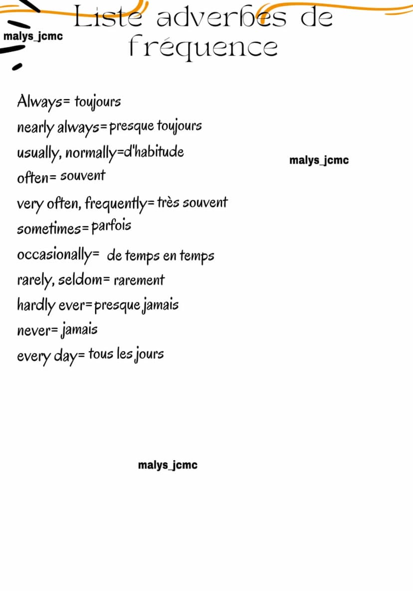 malys_jcmc
Liste adverbes de
fréquence
Always= toujours
nearly always presque toujours
usually, normally=d'habitude
often = souvent
very oft