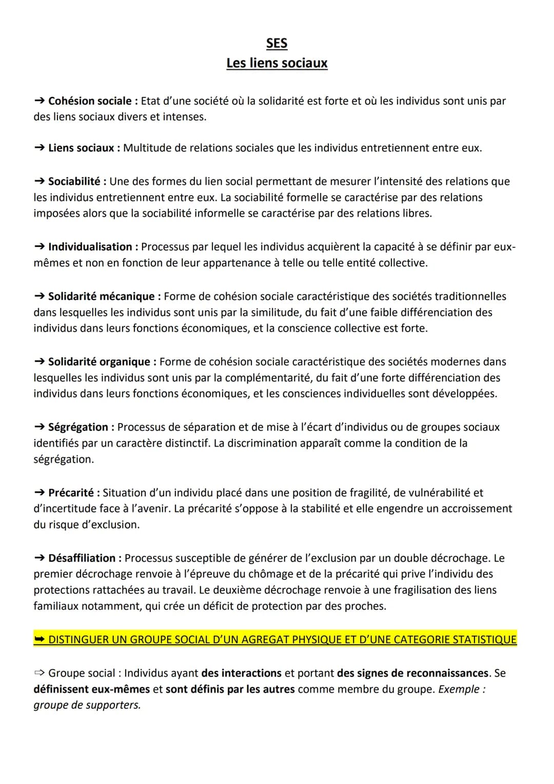 SES
Les liens sociaux
→ Cohésion sociale : Etat d'une société où la solidarité est forte et où les individus sont unis par
des liens sociaux