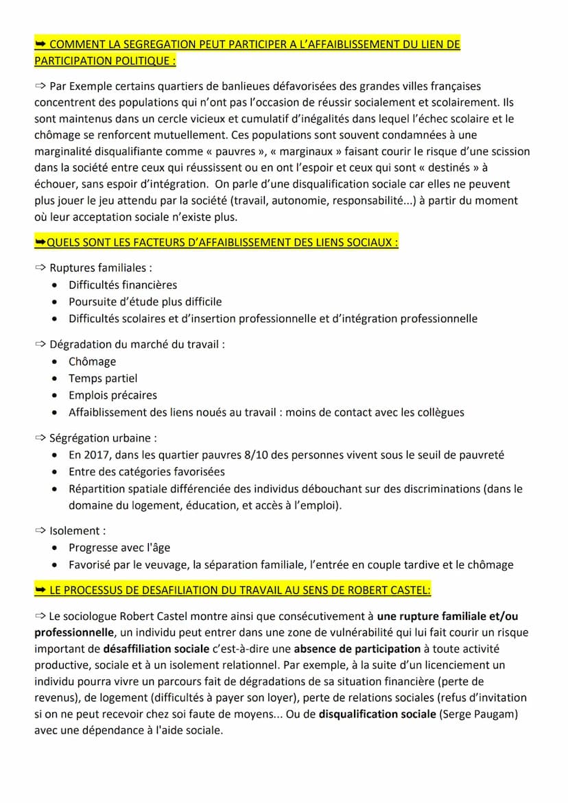 SES
Les liens sociaux
→ Cohésion sociale : Etat d'une société où la solidarité est forte et où les individus sont unis par
des liens sociaux