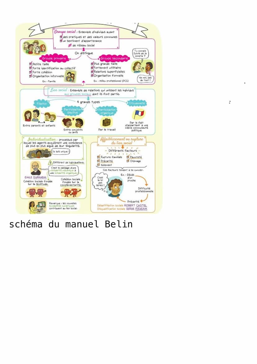 SES
Les liens sociaux
→ Cohésion sociale : Etat d'une société où la solidarité est forte et où les individus sont unis par
des liens sociaux